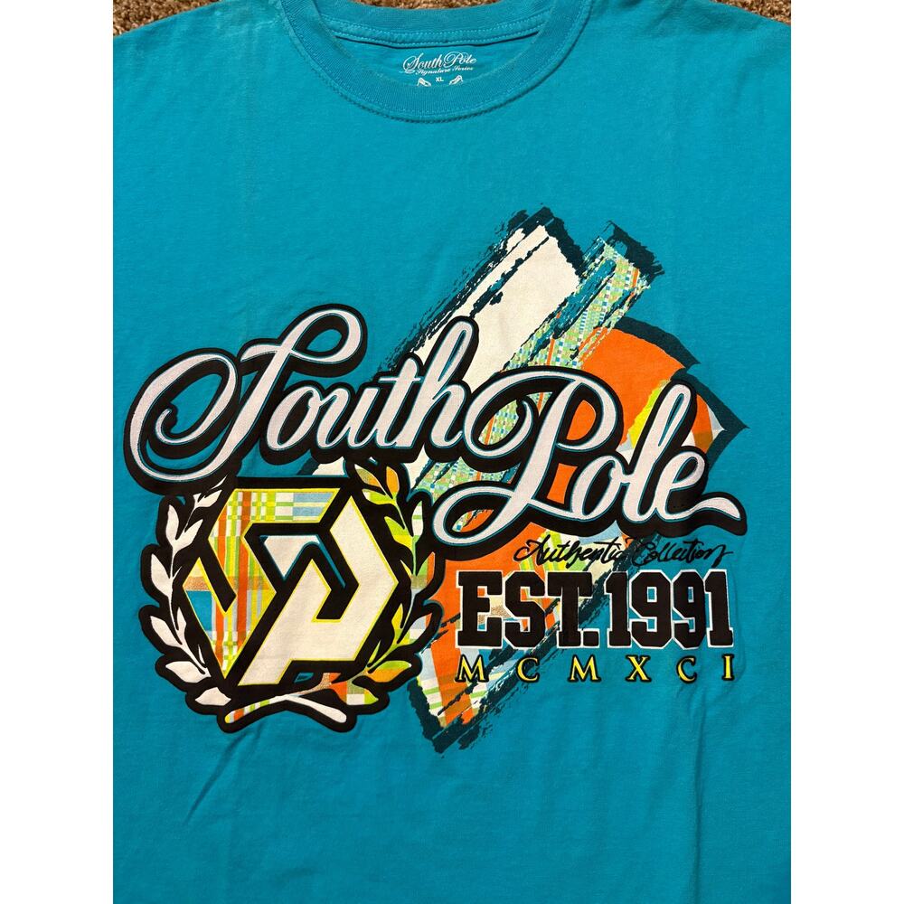 Y2K South Pole Signature Series Graphic T-Shirt Turquoise Blue Mens Size XL